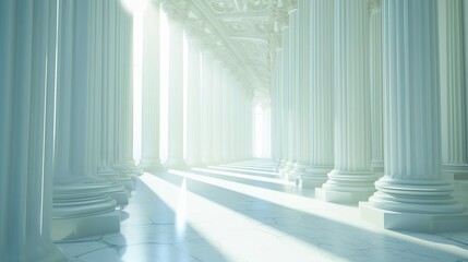 Fototapeta premium The sunlight shines through columns in a long and white corridor