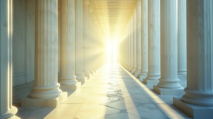 The sunlight shines through columns in a long and white corridor