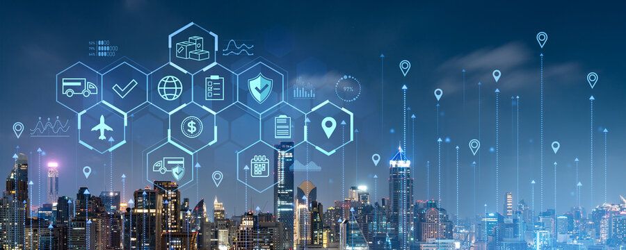 Bangkok cityscape and logistics icons on a virtual screen, tracking concept