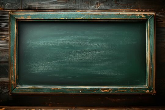 Dirty erased chalk texture empty green chalkboard with wooden frame