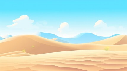 Fototapeta na wymiar cartoon illustration desert panorama landscape with sand dunes and clear blue sky on very hot sunny day summer concept.