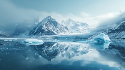 Iceberg-filled glacial lake, snowy peaks, reflections, telephoto lens, twilight, majestic, Polaroid Time-Zero film. - obrazy, fototapety, plakaty