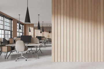 Wooden open space office interior with blank wall