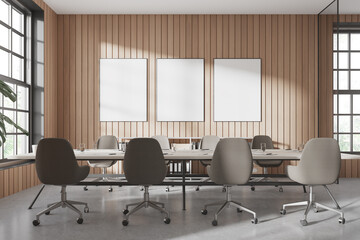 Stylish office meeting room interior with board and window, mock up frames