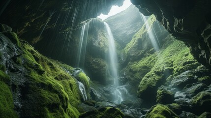 Waterfall streams in the green mossy mountain arched cave - obrazy, fototapety, plakaty