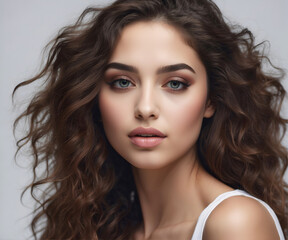 Naklejka premium Close up portrait of a beautiful woman with glowing face. Beauty product commercial photo, glamorous portrait, Generative AI