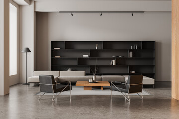 Stylish home relax room interior with armchairs, couch and minimalist shelf