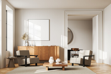 White living room interior with armchair and poster