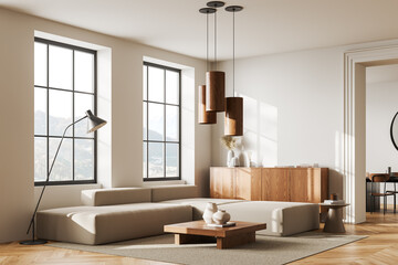 Home living room interior with couch and sideboard, eating zone and window