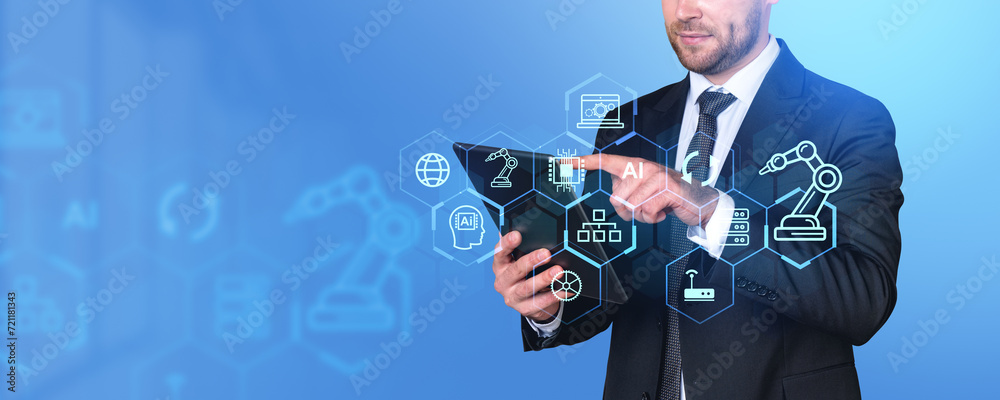 Poster man working with tablet virtual screen with factory controls, robot industry