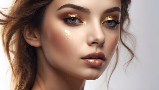 Close up portrait of a beautiful woman with glowing face with gold flakes and glitter on her face. Beauty product commercial photo, glamorous portrait, Generative AI