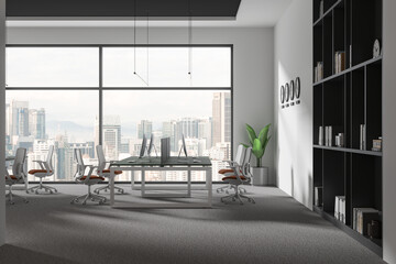Fototapeta premium Stylish office business interior with coworking space and shelf with window