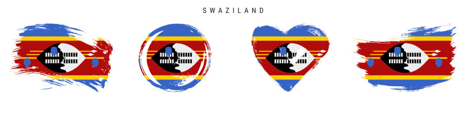 Swaziland hand drawn grunge style flag icon set. Eswatini banner in official colors. Free brush stroke shape, circle and heart-shaped. Flat vector illustration isolated on white.