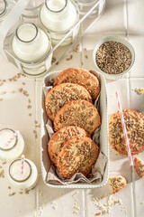 Tasty sunflower seed cookies served with fresh milk..