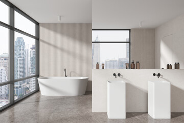 Fototapeta na wymiar Stylish bathroom interior with sink and tub, accessories and panoramic window