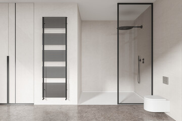 White bathroom interior with shower and toilet