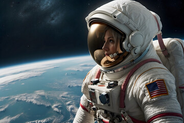 A female astronaut in space with a spacesuit - obrazy, fototapety, plakaty