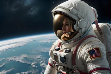 Foto op Canvas A female astronaut in space with a spacesuit © AungThurein