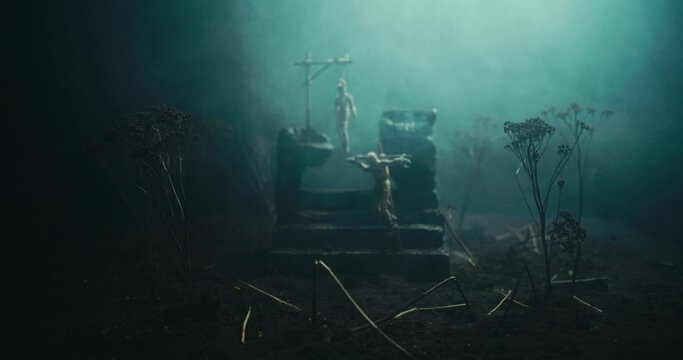 Mummified man and woman hanging on the gallows at the evil altar