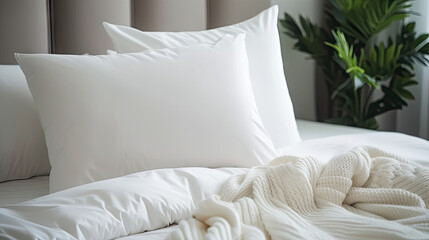 modern Bedroom interior design details. Comfortable bed with soft white pillows and bedding in bed .White pillows and duvet on the white bed - obrazy, fototapety, plakaty