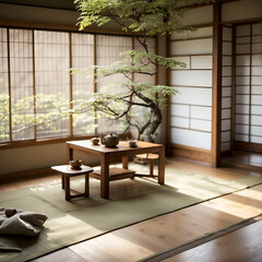 japanese garden with wooden chair