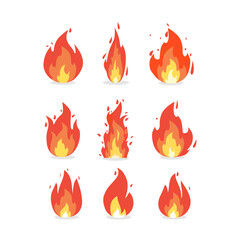 Fire Flame of various shapes. vector icons in cartoon style. isolated background.