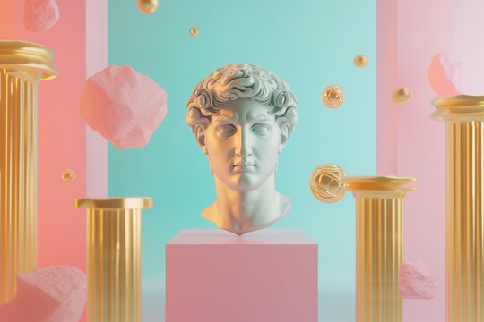 greek plinth statue surrounded by flowing geometric forms, cuboids and cones, on bright pastel background