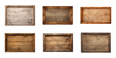 Collection of rectangular wooden signboard, plate, plank, frame isolated on a transparent background