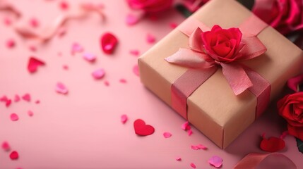 Kraft gift box with beautiful red and pink ribbon, concept of Valentine, birthday, mother's day and anniversary greeting, copyspace, topview.
