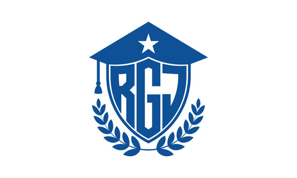 RGJ three letter iconic academic logo design vector template. monogram, abstract, school, college, university, graduation cap symbol logo, shield, model, institute, educational, coaching canter, tech