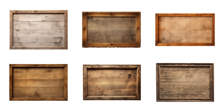 Collection of rectangular wooden signboard, plate, plank, frame isolated on a transparent background