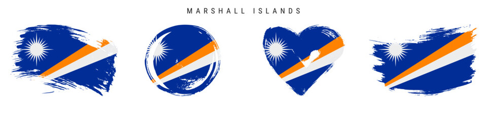 Marshall Islands hand drawn grunge style flag icon set. Marshallese banner in official colors. Free brush stroke shape, circle and heart-shaped. Flat vector illustration isolated on white.