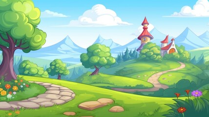 Fototapeta premium cartoon illustration landscape featuring mountains, a lake, greenery, and a stone path leading to small houses