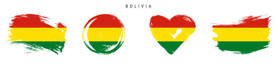 Bolivia hand drawn grunge style flag icon set. Bolivian banner in official colors. Free brush stroke shape, circle and heart-shaped. Flat vector illustration isolated on white.