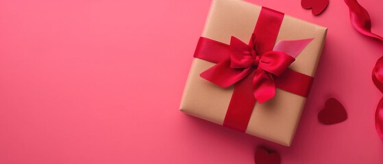 Kraft gift box with beautiful red and pink ribbon, concept of Valentine, birthday, mother's day and anniversary greeting, copyspace, topview. - obrazy, fototapety, plakaty