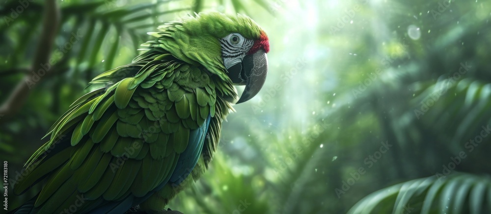 Sticker Mesmerizing Beauty of Beautiful Green Parrot in Tropical Forests