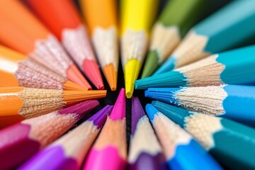 Naklejka premium Macro shot of color pencils tipped nibs arranged diagonally, desk