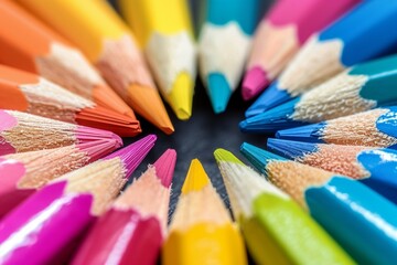 Naklejka premium Macro shot of color pencils tipped nibs arranged diagonally, desk