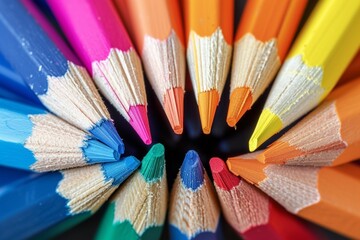 Fototapeta premium Color pencils pile in close up macro shot, wooden desk