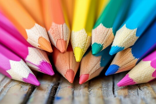 Color pencils pile in close up macro shot, wooden desk