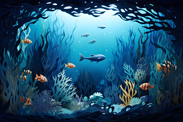 Fototapeta na wymiar Deep sea underwater adventure paper cut background