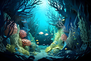 Fototapeta na wymiar Deep sea underwater adventure paper cut background