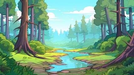 Nature landscape cartoon  illustration of a forest with a clear blue stream flowing amidst lush greenery.