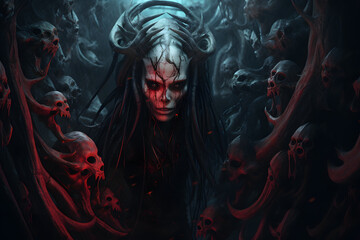 Demon woman with horns and hair made of squid tentacles
