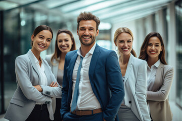 Obraz premium A positive atmosphere fills the office as businesspeople and their team strike a group pose, their body language reflecting a collective energy. Generative AI.