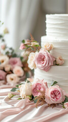 Pink roses and greenery on a silk table cloth