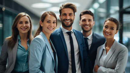 A positive atmosphere fills the office as businesspeople and their team strike a group pose, their body language reflecting a collective energy. Generative AI.