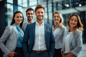 Obraz premium The office buzzes with positivity as businesspeople and their team come together for a group pose, showcasing a unified energy through their expressive body language. Generative AI.