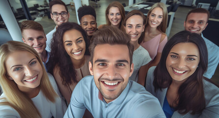 The office buzzes with positivity as businesspeople and their team come together for a group pose, showcasing a unified energy through their expressive body language. Generative AI.