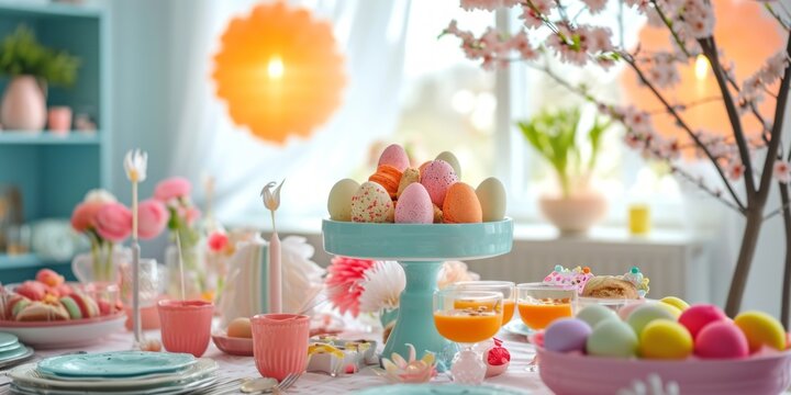 beautiful easter table decoration with painted eggs and spring flowers in pastel colors